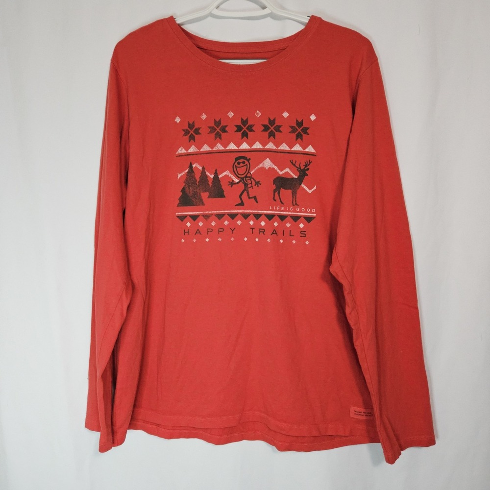 Life Is Good Happy Trails Long Sleeve Tee Red Hiking Outdoor Cabincore XL‎